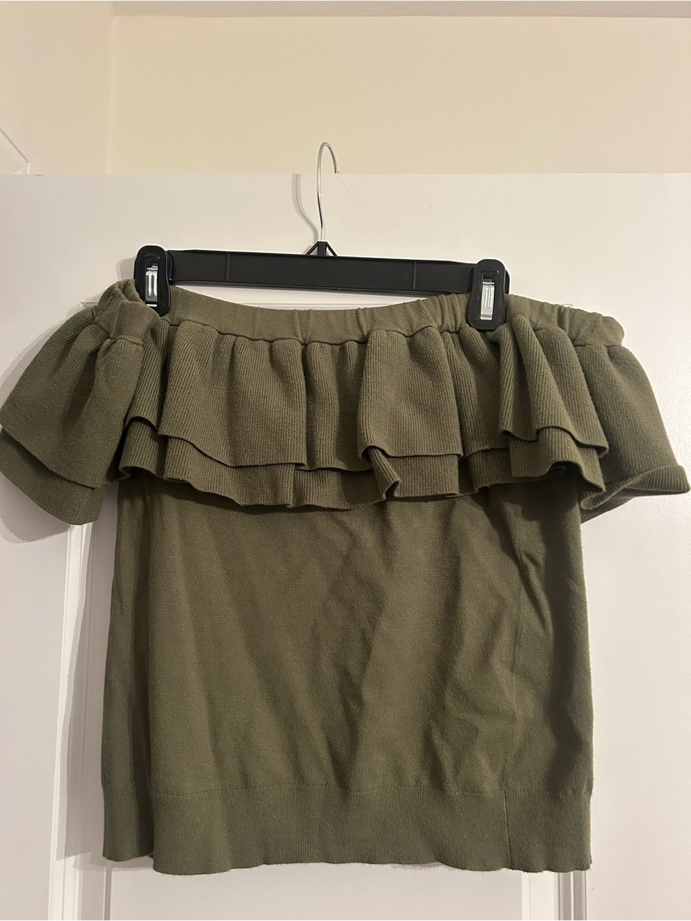 J. Crew Olive Off-Shoulder Ruffle Top